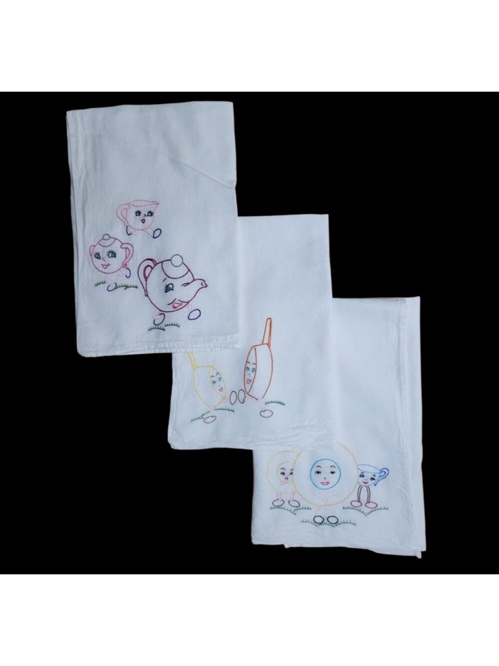 3 Vtg Hand-Embroidered White Cotton Flout Sack Towels Anthropomorphic Kitchen